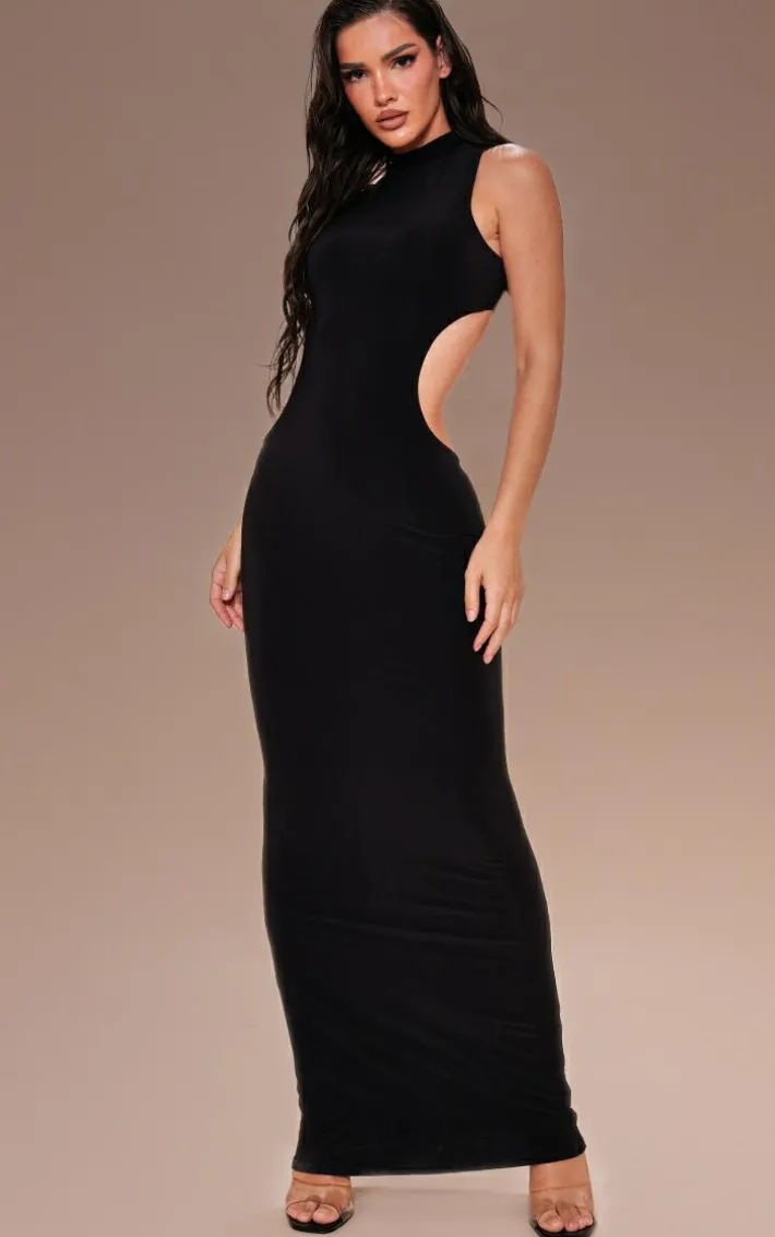Black Slinky Extreme Cross Back Trim Detail Maxi Dress