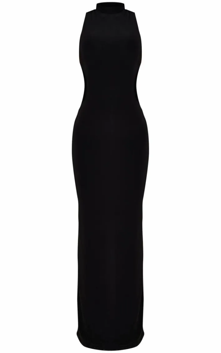 Black Slinky Extreme Cross Back Trim Detail Maxi Dress