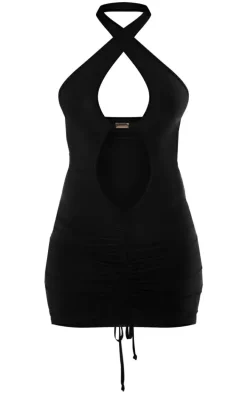 Black Slinky Extreme Cut Out Trim Detail Ruched Bodycon Dress