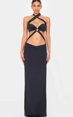 Black Slinky Extreme Cut Out Ring Detail Cross Neck Maxi Dress
