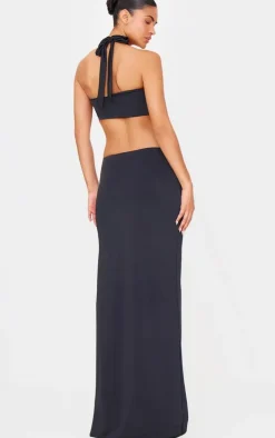 Black Slinky Extreme Cut Out Ring Detail Cross Neck Maxi Dress