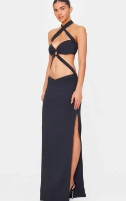 Black Slinky Extreme Cut Out Ring Detail Cross Neck Maxi Dress