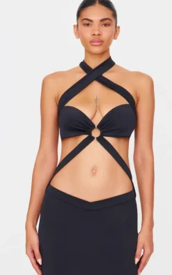 Black Slinky Extreme Cut Out Ring Detail Cross Neck Maxi Dress