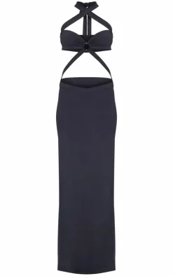 Black Slinky Extreme Cut Out Ring Detail Cross Neck Maxi Dress