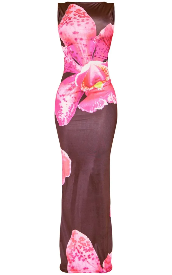 Black Slinky Floral Printed Boatneck Midaxi Dress