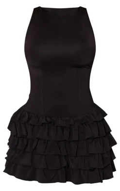 Black Slinky Frill Hem Micro Mini Dress