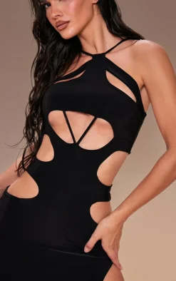 Black Slinky Halter Neck Extreme Cut Out Maxi Dress