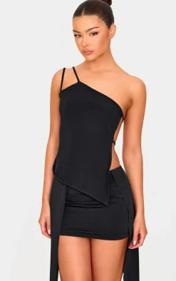 Black Slinky Halter Neck Tie Back Asymmetric Top