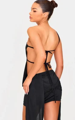 Black Slinky Halter Neck Tie Back Asymmetric Top