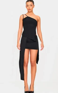 Black Slinky Halter Neck Tie Back Asymmetric Top