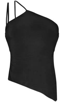 Black Slinky Halter Neck Tie Back Asymmetric Top
