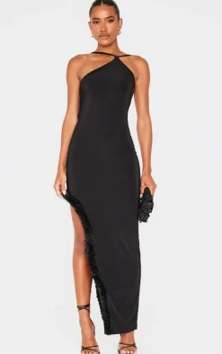 Black Slinky Halter Neck Faux Feather Trim Maxi Dress