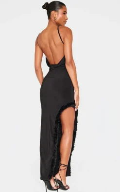 Black Slinky Halter Neck Faux Feather Trim Maxi Dress