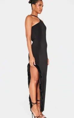 Black Slinky Halter Neck Faux Feather Trim Maxi Dress