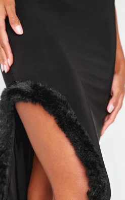 Black Slinky Halter Neck Faux Feather Trim Maxi Dress