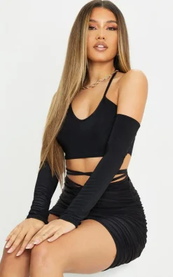 Black Slinky Halterneck Cold Shoulder Long Sleeve Crop Top