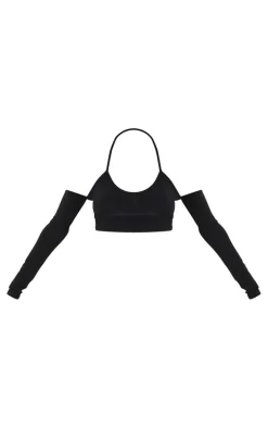 Black Slinky Halterneck Cold Shoulder Long Sleeve Crop Top