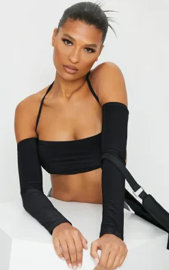 Black Slinky Halterneck Long Sleeve Crop Top