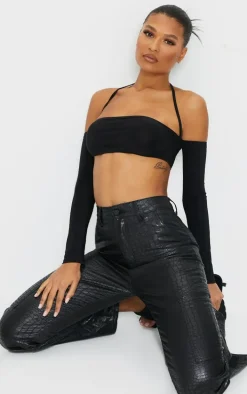 Black Slinky Halterneck Long Sleeve Crop Top