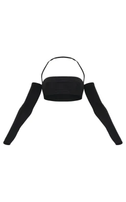 Black Slinky Halterneck Long Sleeve Crop Top