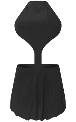 Black Slinky High Neck Cut Out Shift Dress