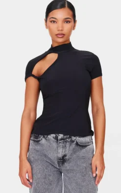 Black Slinky High Neck Cut Out Detail Longline Top
