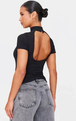 Black Slinky High Neck Cut Out Detail Longline Top