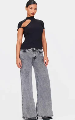 Black Slinky High Neck Cut Out Detail Longline Top