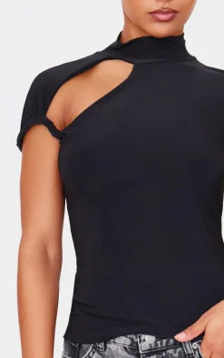 Black Slinky High Neck Cut Out Detail Longline Top