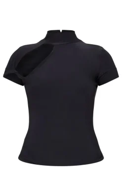 Black Slinky High Neck Cut Out Detail Longline Top