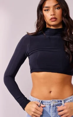 Black Slinky High Neck Long Sleeve Crop Top