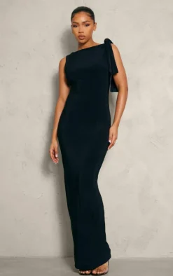 Black Slinky Knot Drape Midaxi Dress