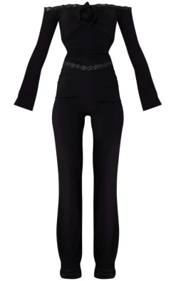Black Slinky Lace Cut Out Corsage Bardot Jumpsuit