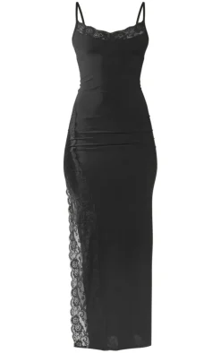 Black Slinky Lace Trim Split Detail Maxi Dress