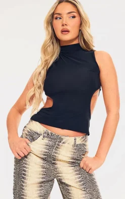 Black Slinky Lace Up Back Trim Detail High Neck Top