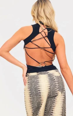 Black Slinky Lace Up Back Trim Detail High Neck Top