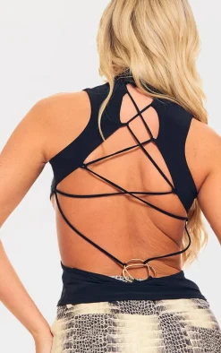 Black Slinky Lace Up Back Trim Detail High Neck Top