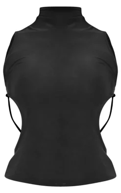 Black Slinky Lace Up Back Trim Detail High Neck Top
