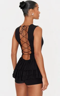 Black Slinky Lace Up Back Detail Rara Skort Romper