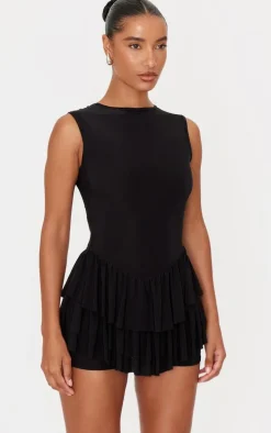 Black Slinky Lace Up Back Detail Rara Skort Romper