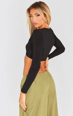 Black Slinky Long Sleeve Twist Front Crop Top