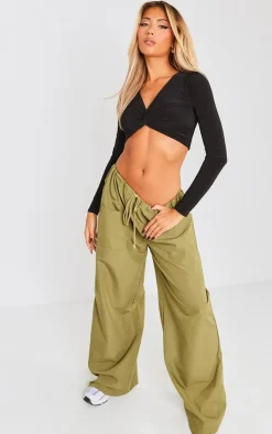 Black Slinky Long Sleeve Twist Front Crop Top