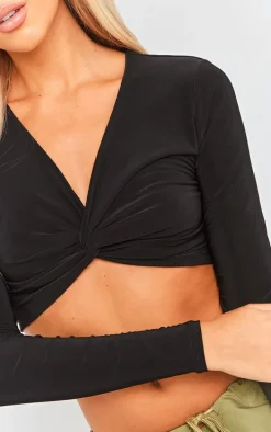 Black Slinky Long Sleeve Twist Front Crop Top