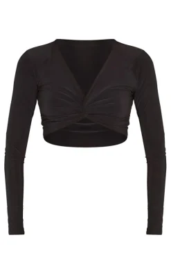 Black Slinky Long Sleeve Twist Front Crop Top