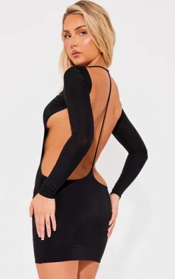 Black Slinky Long Sleeve Open Twist Back Mini Dress