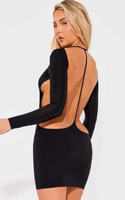 Black Slinky Long Sleeve Open Twist Back Mini Dress