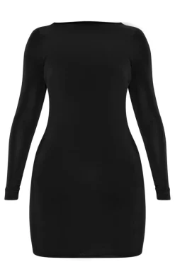Black Slinky Long Sleeve Open Twist Back Mini Dress
