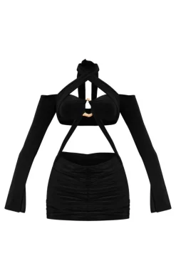 Black Slinky Long Sleeve Trim Detail Cut Out Mini Dress