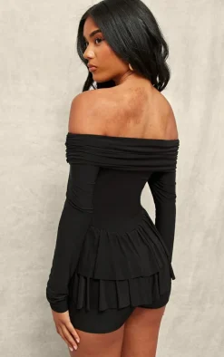 Black Slinky Long Sleeve Bardot Rara Skort Romper