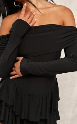Black Slinky Long Sleeve Bardot Rara Skort Romper